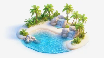 3D Rendered Tropical Island Oasis With Waterfalls