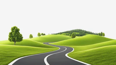 Winding Asphalt Road Through Rolling Green Hills
