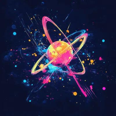 Abstract Atomic Structure With Vibrant Neon Orbital Rings