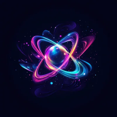 Abstract Glowing Neon Atom Model With Orbital Rings