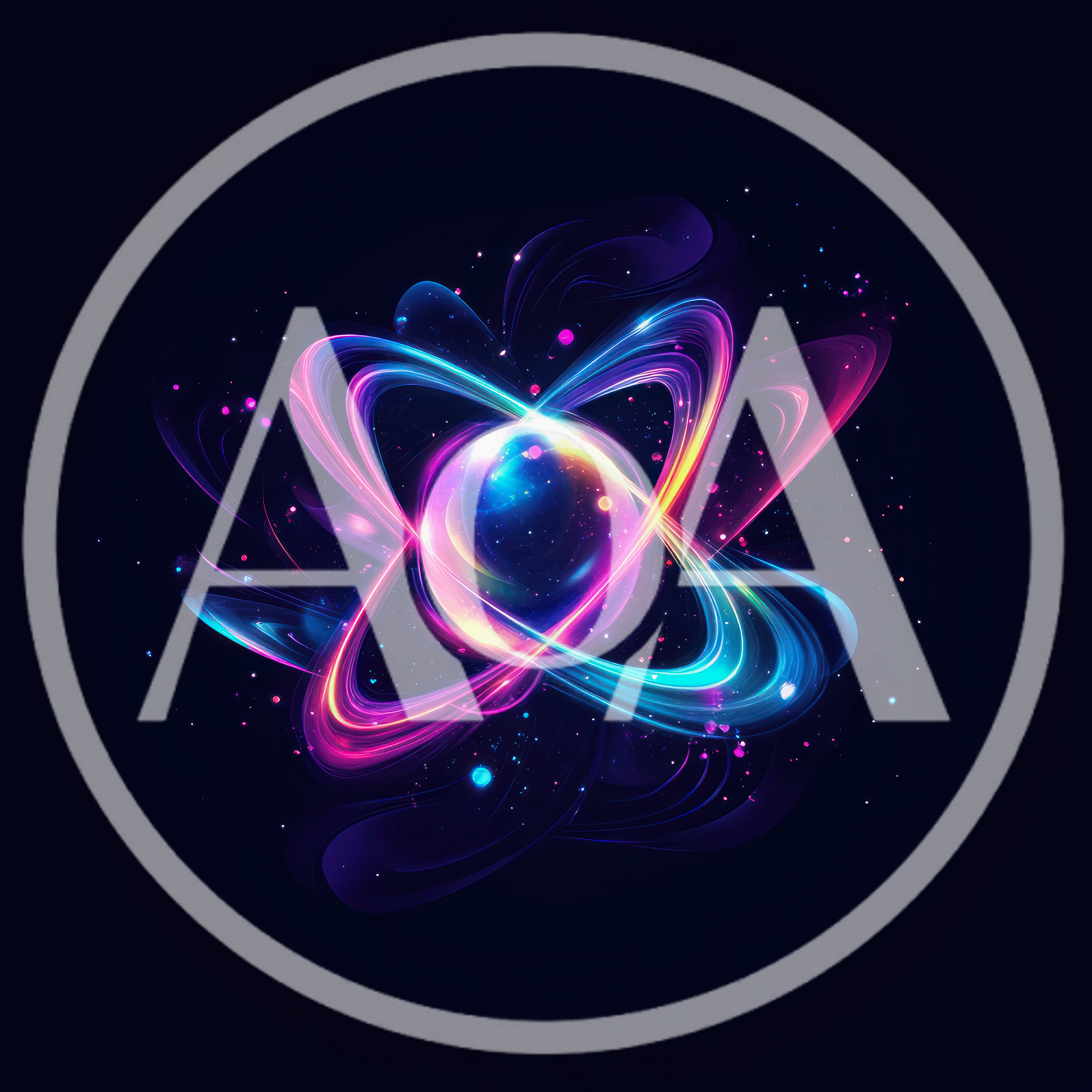 Abstract Glowing Neon Atom Model With Orbital Rings