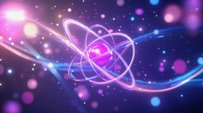 Abstract 3D Atom Model With Glowing Orbital Rings