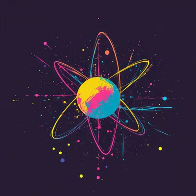 Abstract Atom Symbol With Vibrant Paint Splatter Art