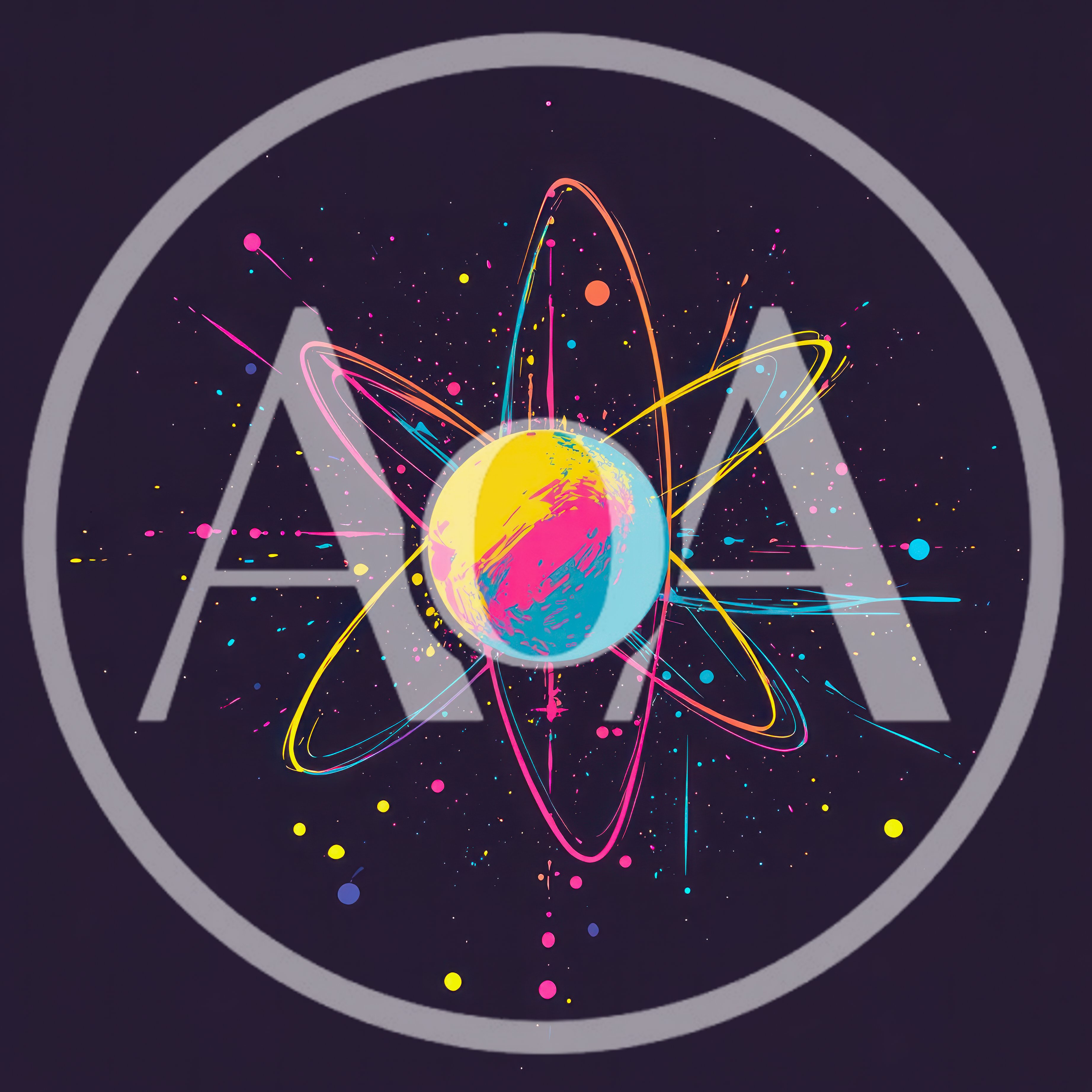 Abstract Atom Symbol With Vibrant Paint Splatter Art