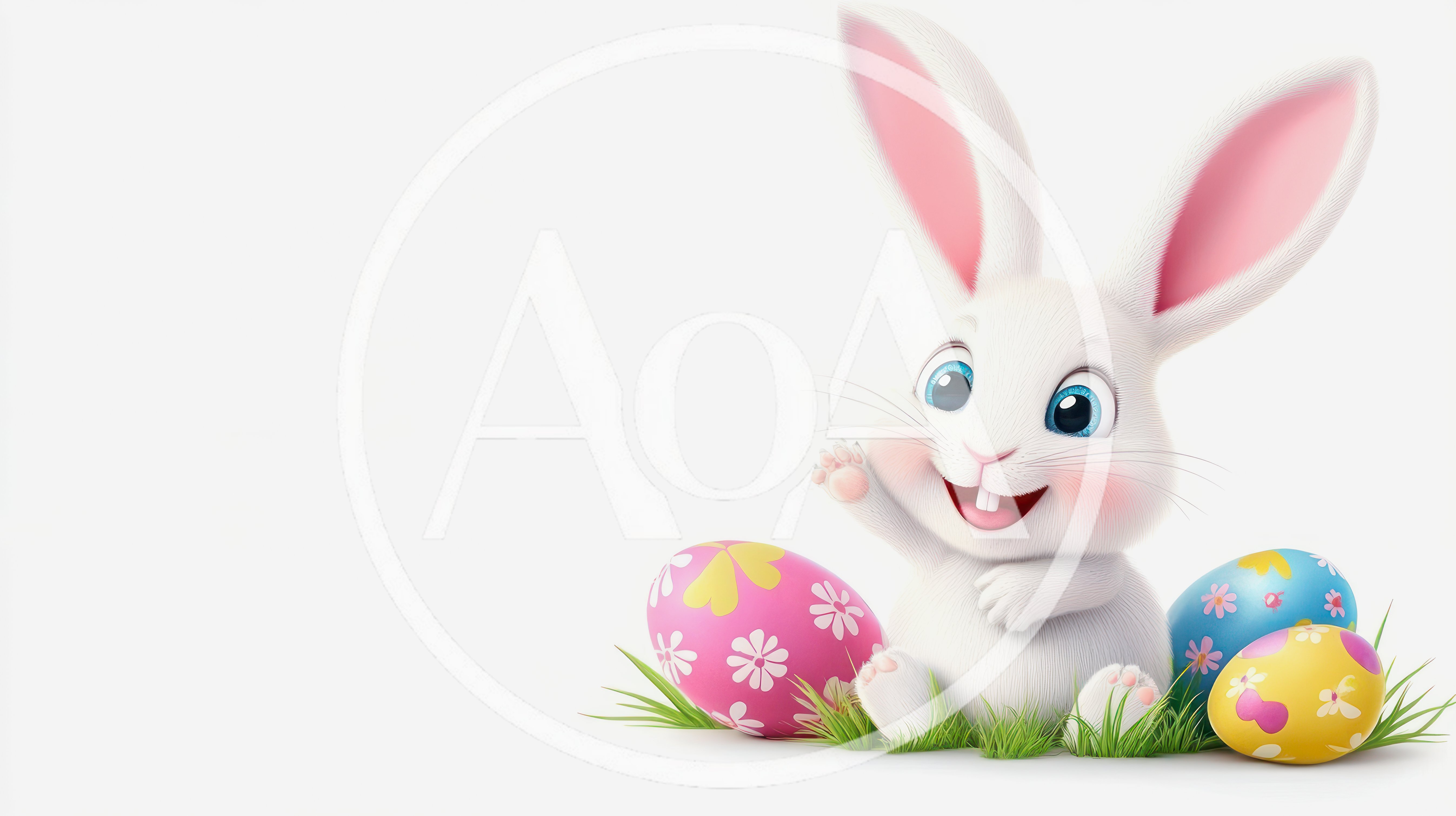 Cute 3D Easter Bunny Waving With Colorful Eggs