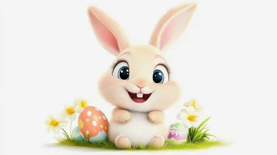 Cute Cartoon Easter Bunny With Colorful Eggs