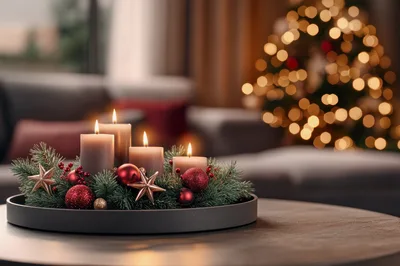 Advent Wreath With Four Lit Candles On A Table