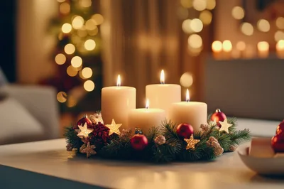 Four Lit Advent Candles On A Festive Wreath