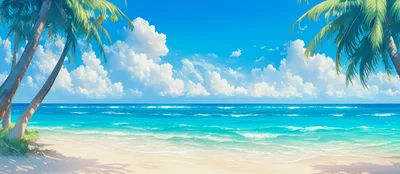 Tropical Beach Landscape With Palm Trees And Blue Ocean