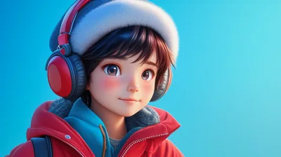 Anime Style Boy Wearing Red Headphones And Winter Jacket