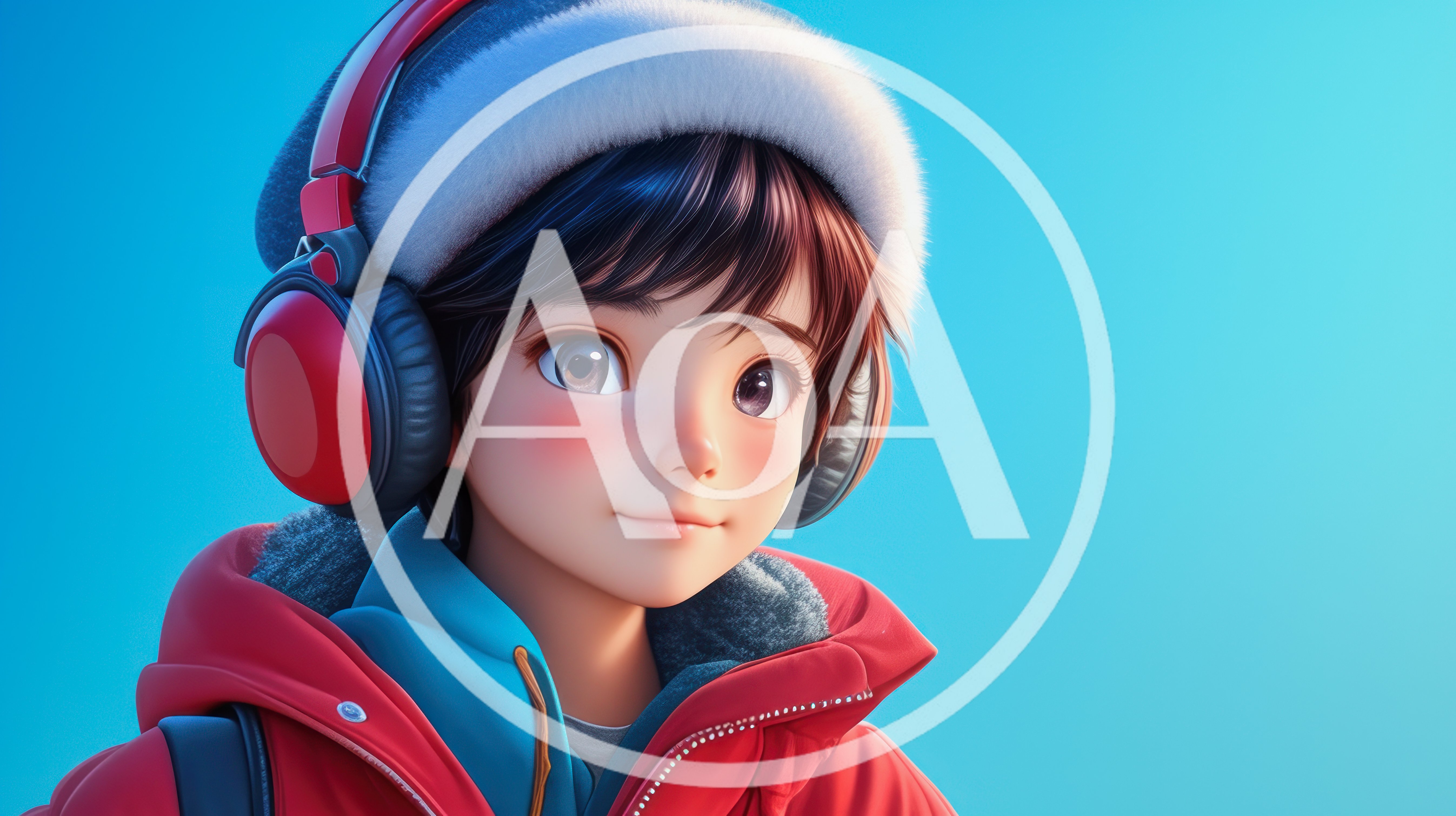 Anime Style Boy Wearing Red Headphones And Winter Jacket