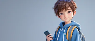 3D Rendered Anime Style Schoolboy Holding Smartphone