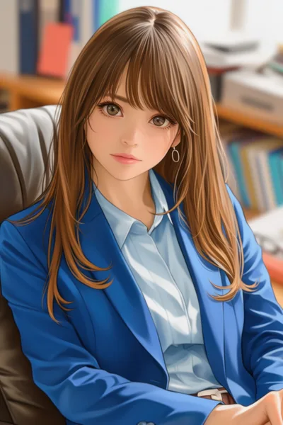 Professional Young Woman In Blue Blazer Sitting In Office