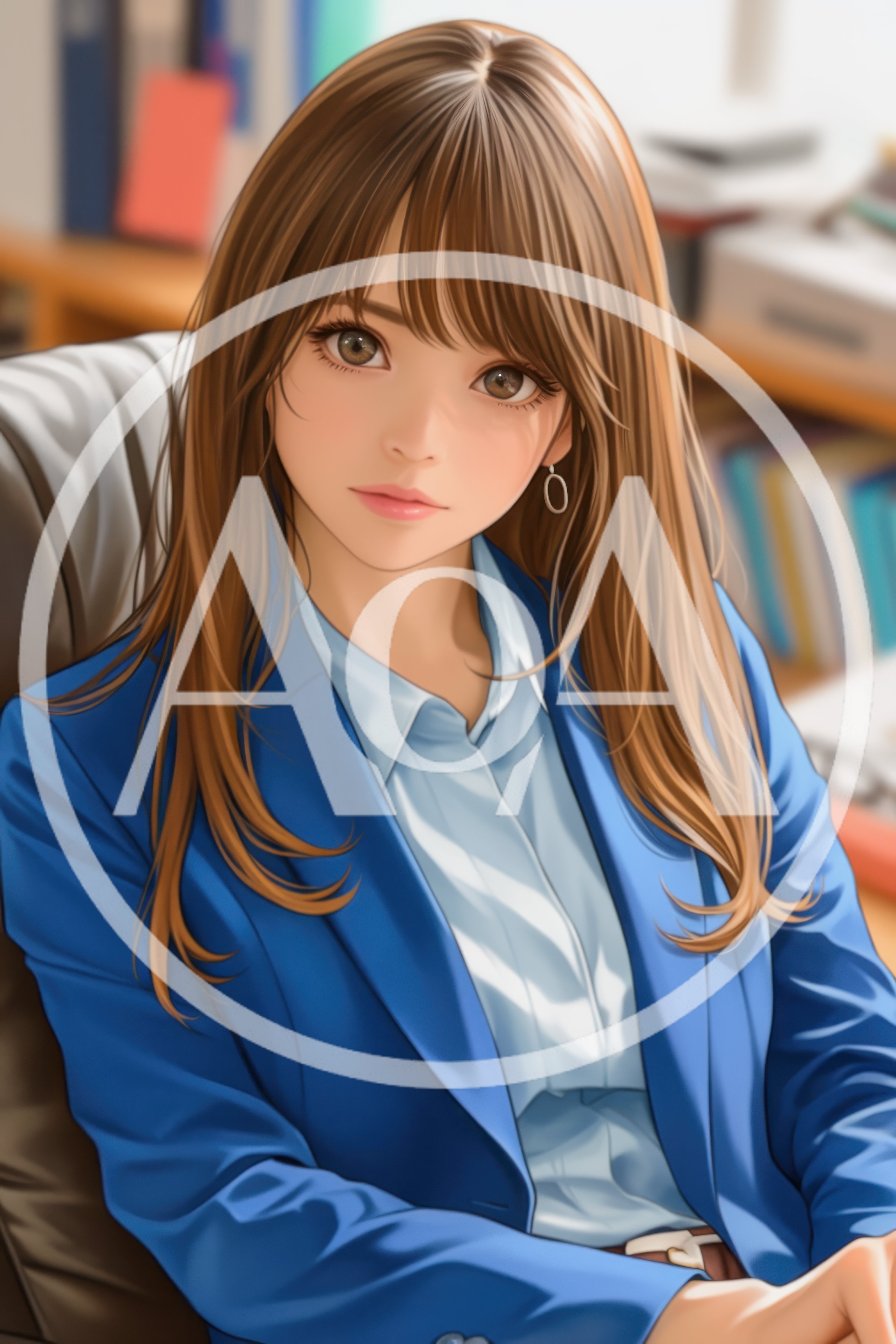 Professional Young Woman In Blue Blazer Sitting In Office