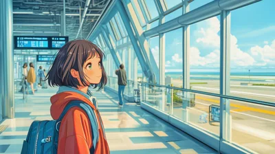 Anime Girl Standing In A Modern Airport Terminal