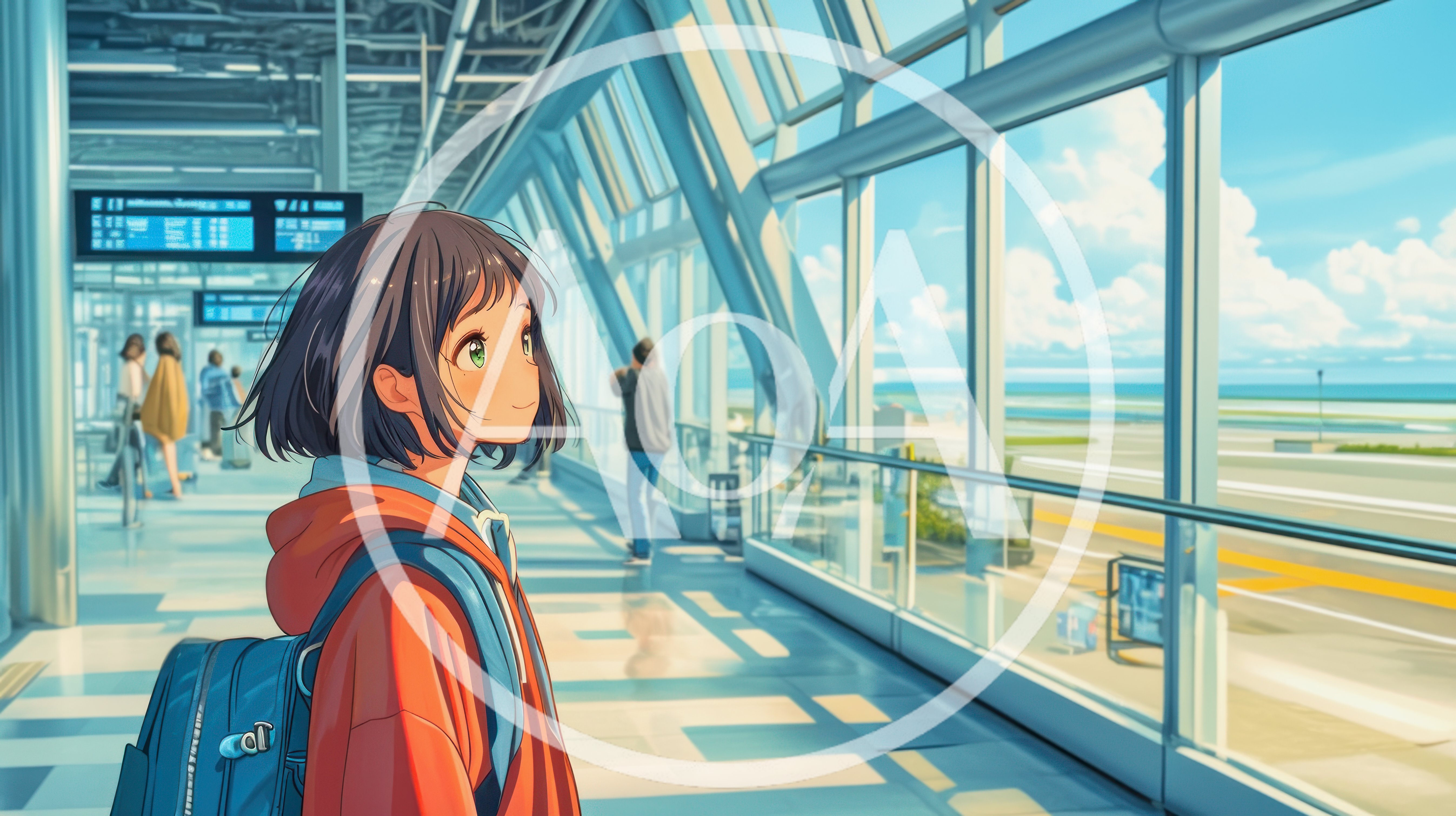 Anime Girl Standing In A Modern Airport Terminal
