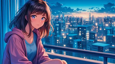 Anime Girl Looking Out From Balcony At Night