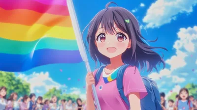 Anime Girl Holding Pride Flag At Outdoor Parade