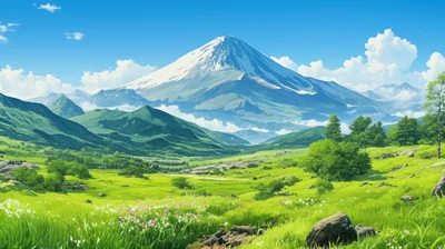 Majestic Snow Capped Mountain Over Lush Green Valley