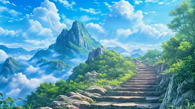 Stone Staircase Leading Up A Lush Mountain Peak