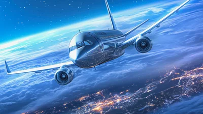 Commercial Airplane Flying Above Earth At Night