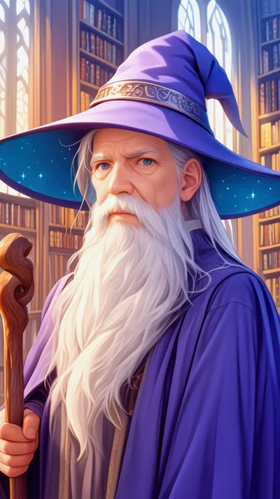 Elderly Wizard Holding Staff In A Library