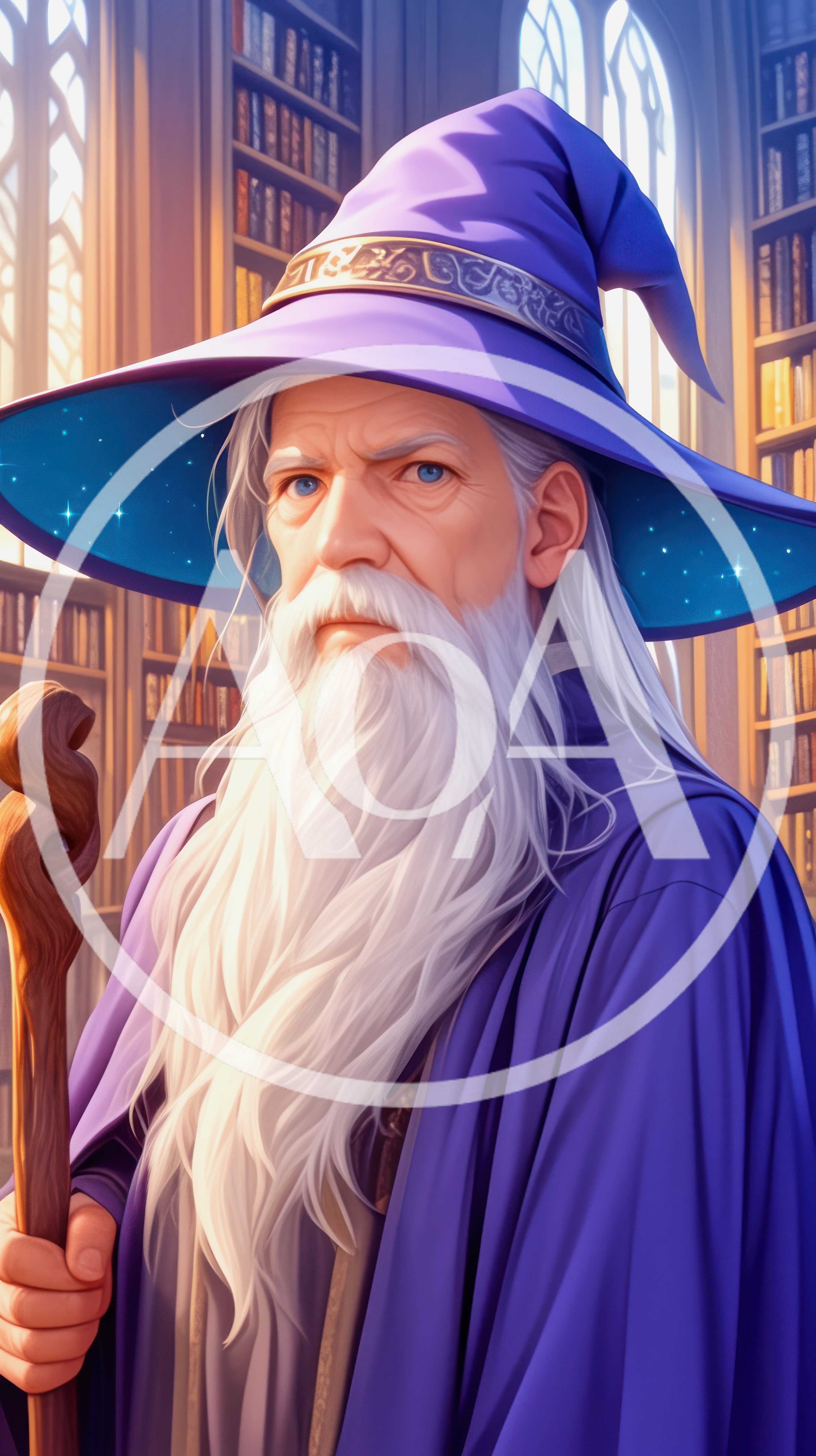 Elderly Wizard Holding Staff In A Library