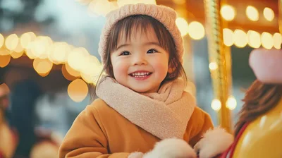 Happy Toddler Girl Smiling on a Carousel