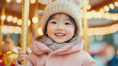 Happy Toddler Girl Riding A Carousel At Christmas