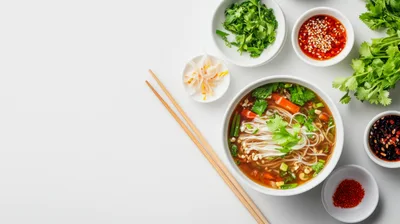 Bowl Of Vietnamese Pho With Fresh Herbs And Condiments