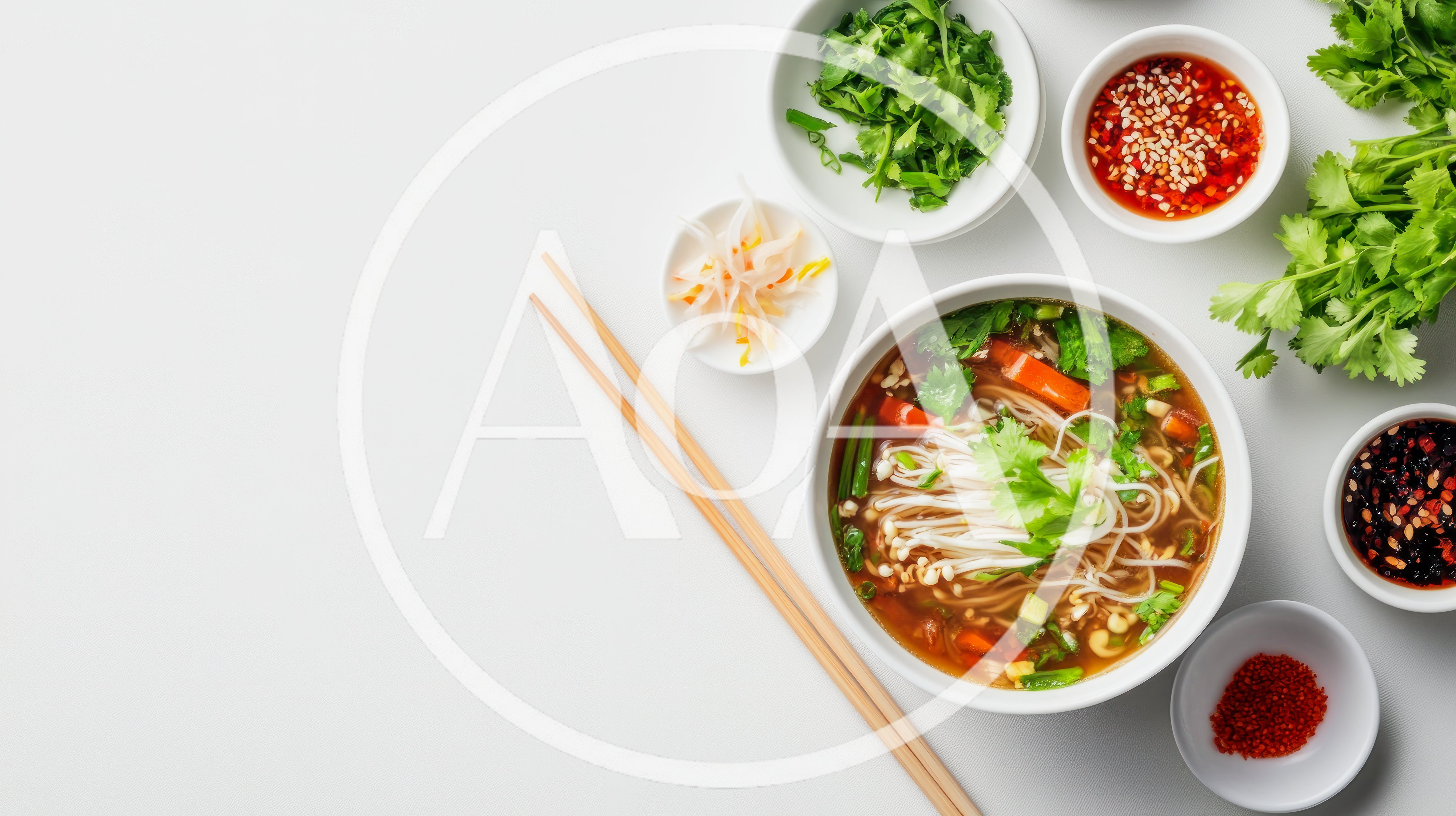 Bowl Of Vietnamese Pho With Fresh Herbs And Condiments