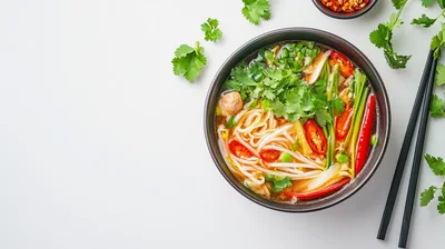 Bowl Of Spicy Asian Noodle Soup With Cilantro
