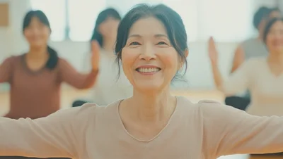 Senior Asian Woman Leading A Group Yoga Class
