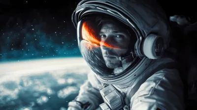 Astronaut Looking Out From Space Helmet In Orbit