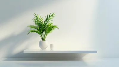 Minimalist White Shelf With Potted Palm Plant