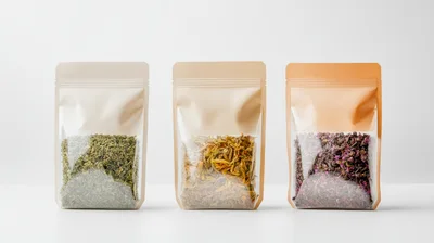 Three Standing Pouches With Dried Herbal Tea Blends