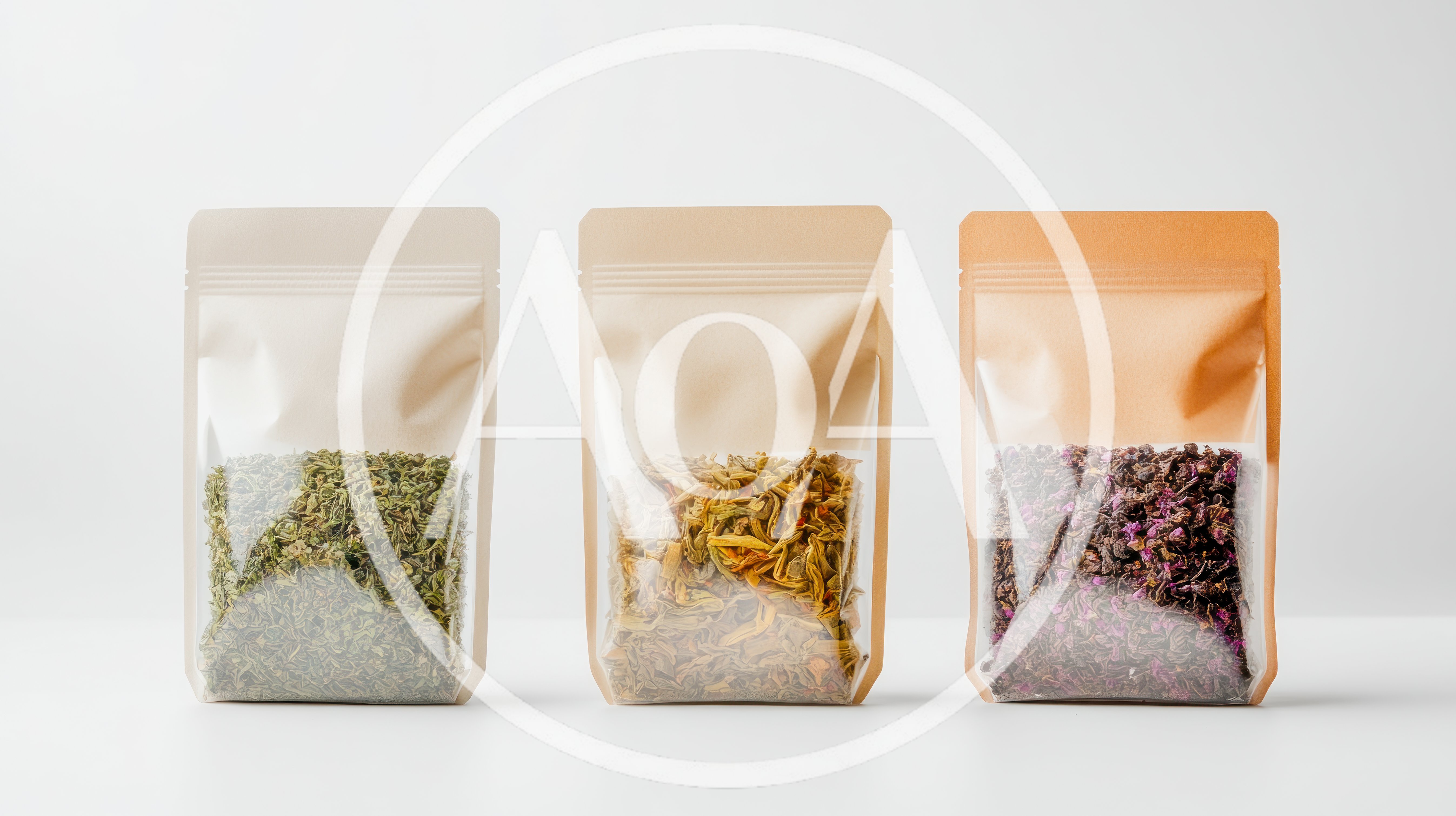 Three Standing Pouches With Dried Herbal Tea Blends