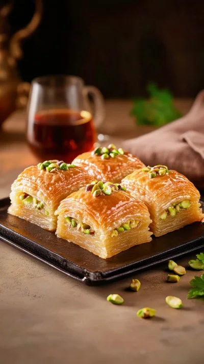 Four Pieces Of Pistachio Baklava On A Black Plate
