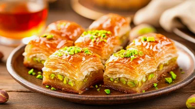 Fresh Baklava Pastries With Pistachios On A Plate