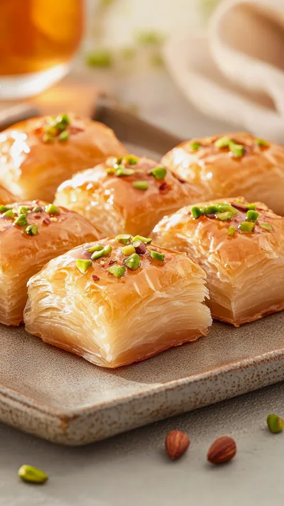 Fresh Baklava Pastries With Pistachios On A Plate
