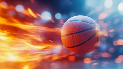 Basketball Flying Through Air With Fiery Motion Trails