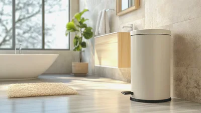 Modern Bathroom Interior With Trash Can And Bathtub