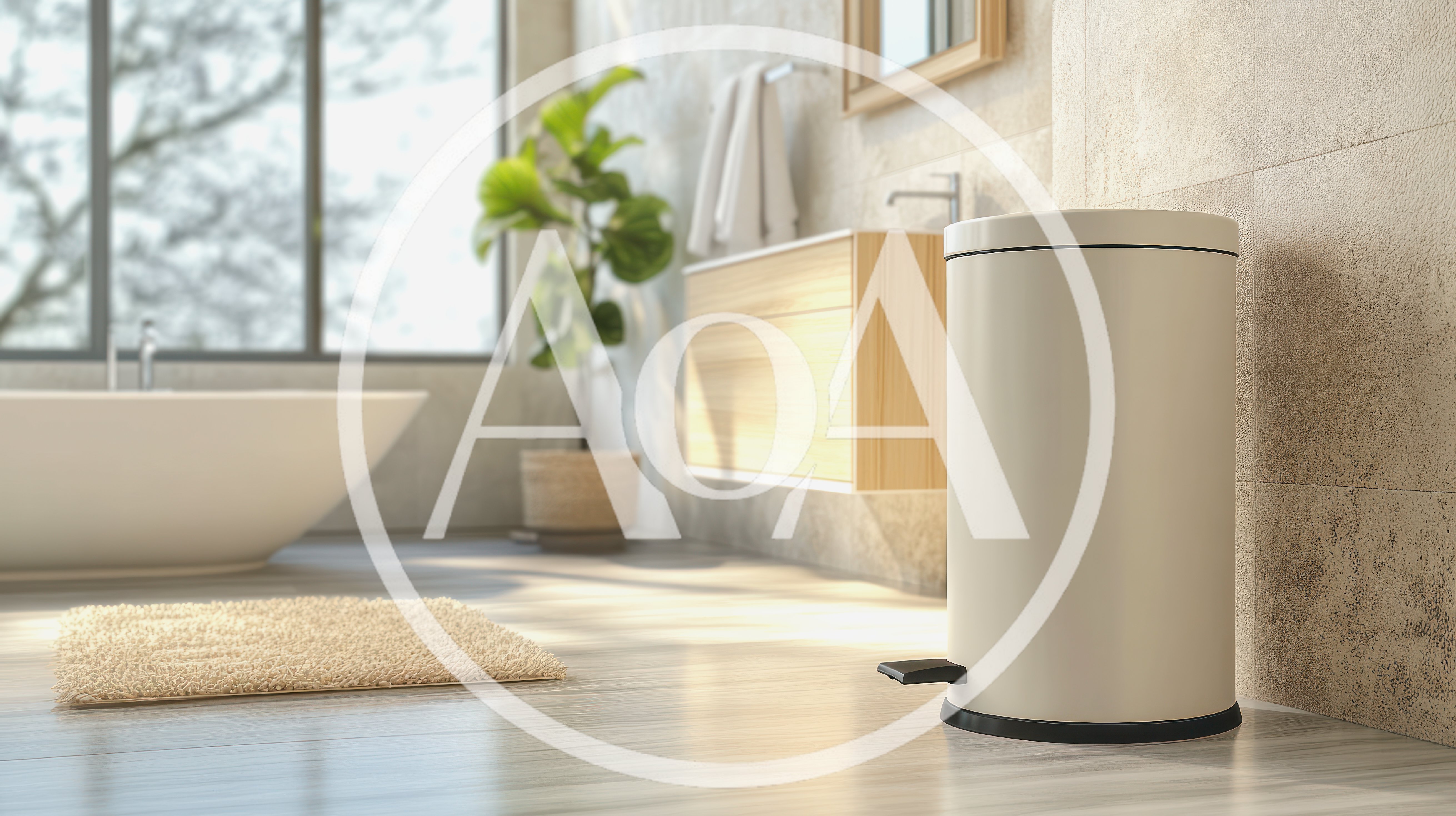 Modern Bathroom Interior With Trash Can And Bathtub