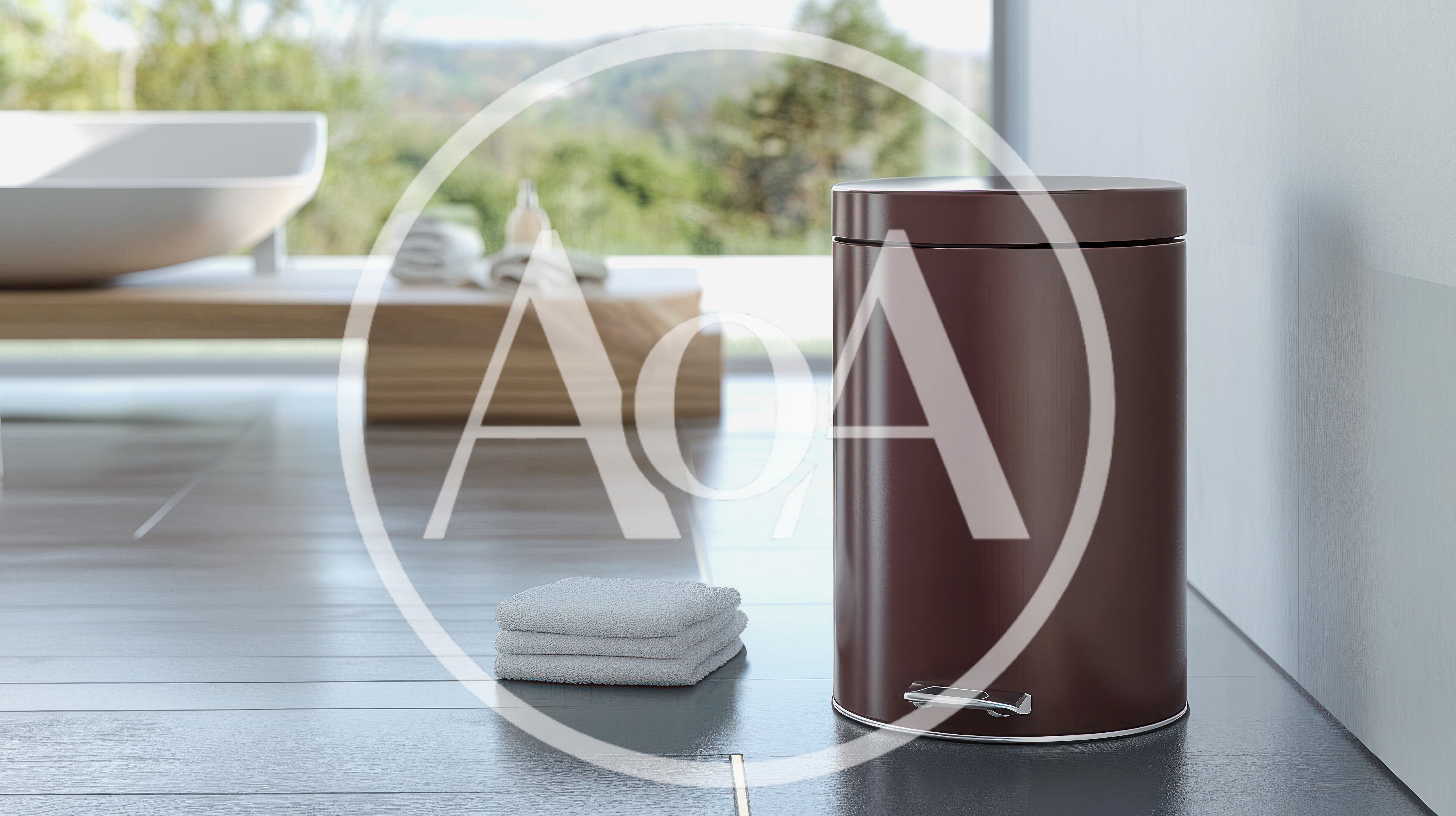 Brown Metal Pedal Trash Can In Modern Bathroom