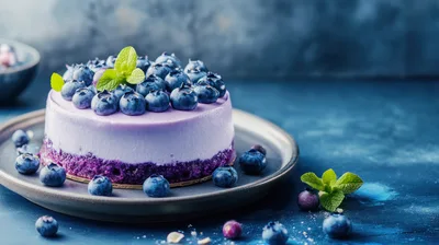 Blueberry Cheesecake With Fresh Mint On A Plate