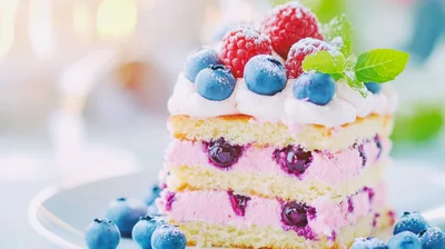 Slice Of Berry Layer Cake With Fresh Fruit