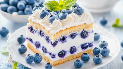 Square Slice Of Blueberry Cream Cake On Plate