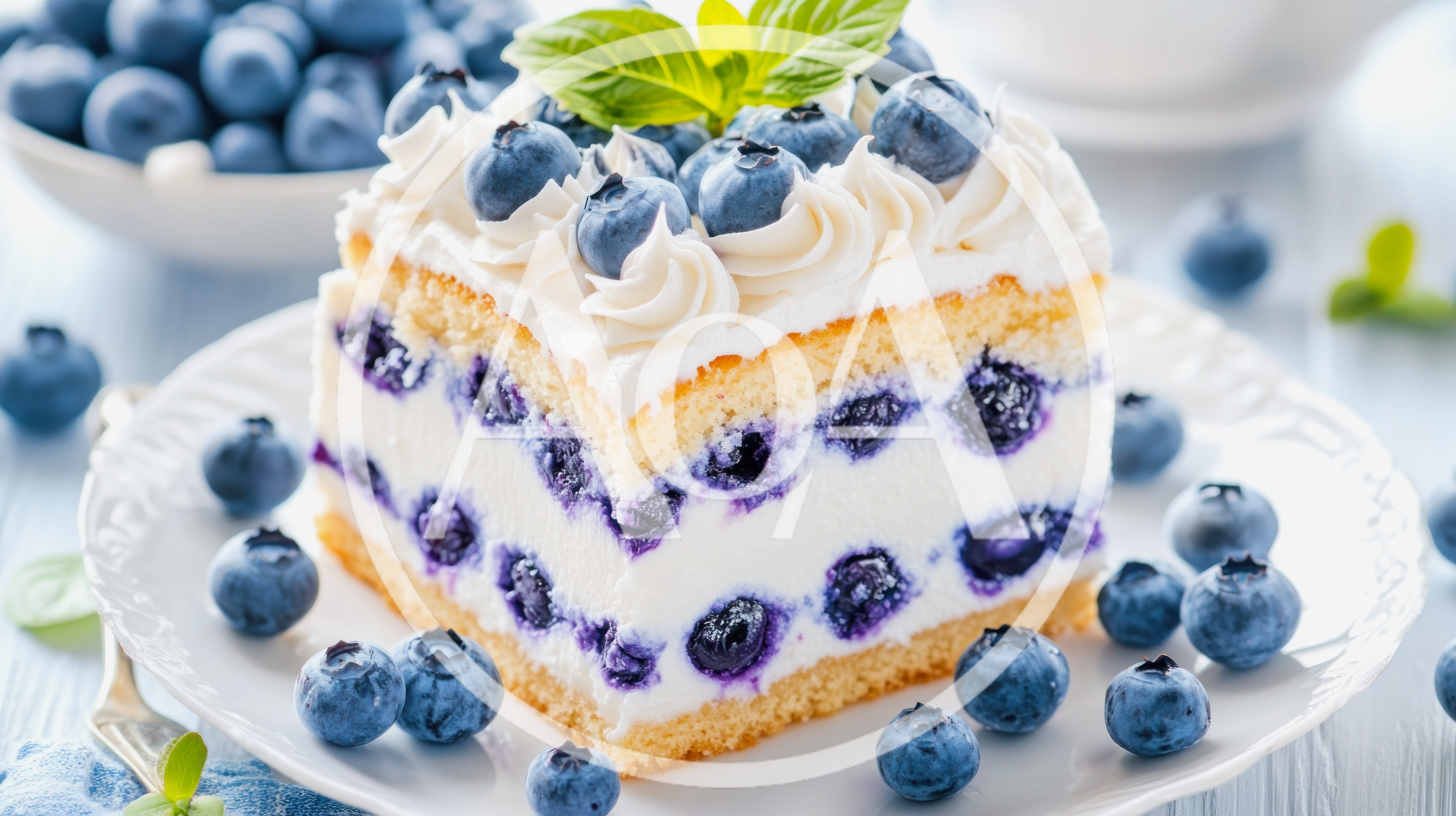 Square Slice Of Blueberry Cream Cake On Plate