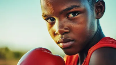 Young African Boy Wearing Red Boxing Gloves
