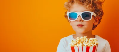 Young Boy Wearing 3D Glasses Eating Popcorn